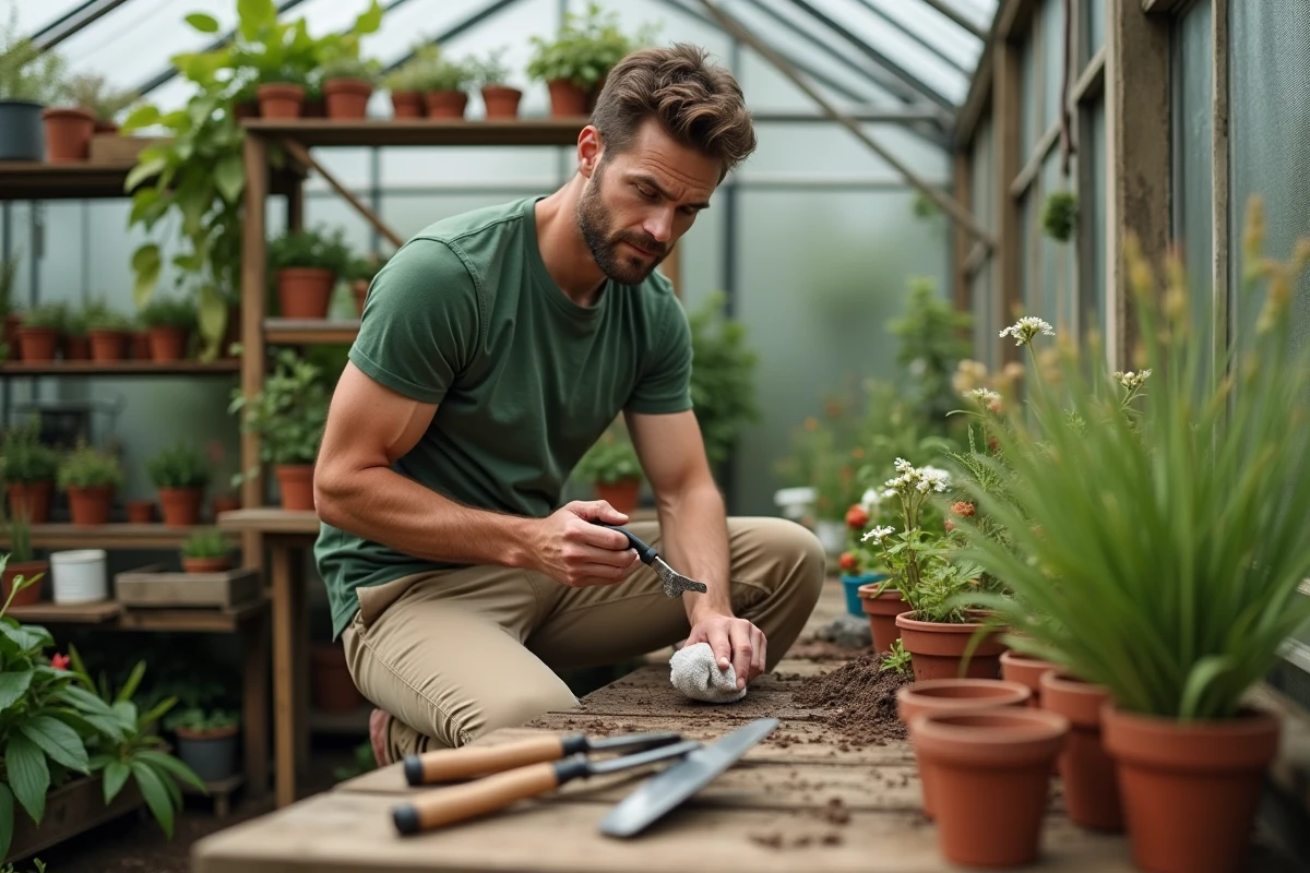 Jeune homme nettoyant binette et serfouette dans serre