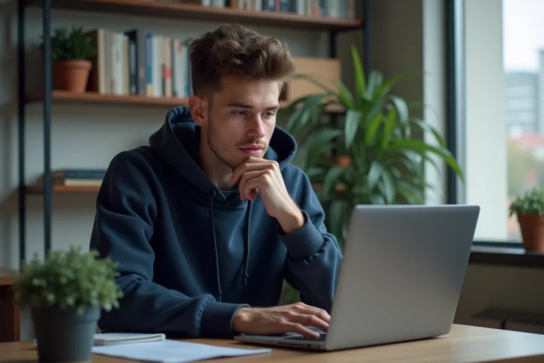 Jeune homme concentré sur son ordinateur dans un appartement moderne