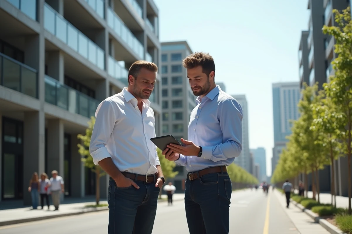 Jeune homme discutant avec investisseur en ville