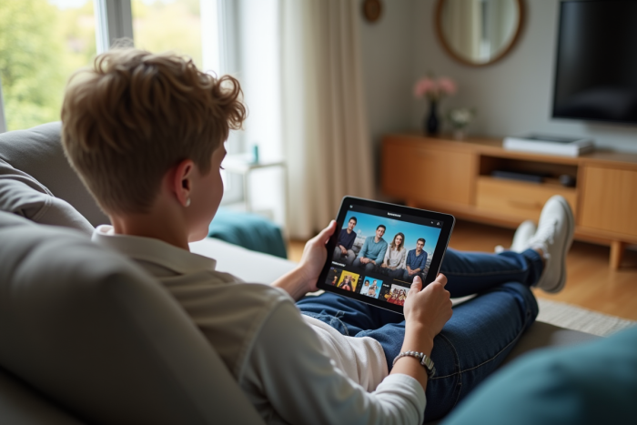 Jeune personne relaxant sur un canapé avec une tablette affichant des applications de streaming