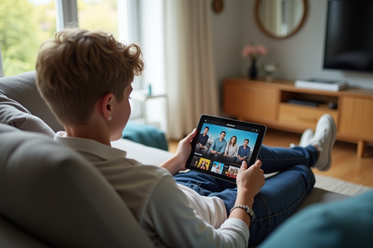 Jeune personne relaxant sur un canapé avec une tablette affichant des applications de streaming