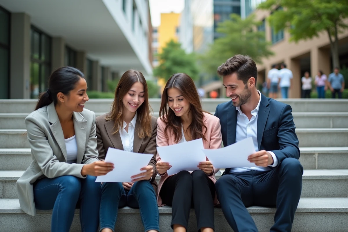 Groupe de jeunes diplômés discutant sur les marches en ville