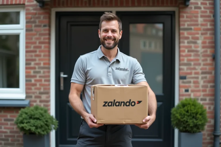 Livreur tenant un colis Zalando devant une maison typique belge en briques rouges