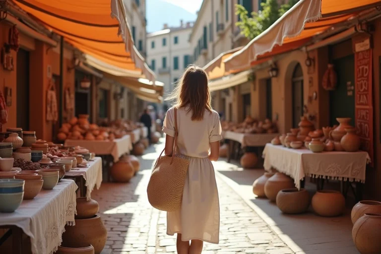 Femme faisant du shopping dans un marché artisanal sarde à Cagliari, avec céramiques et textiles traditionnels