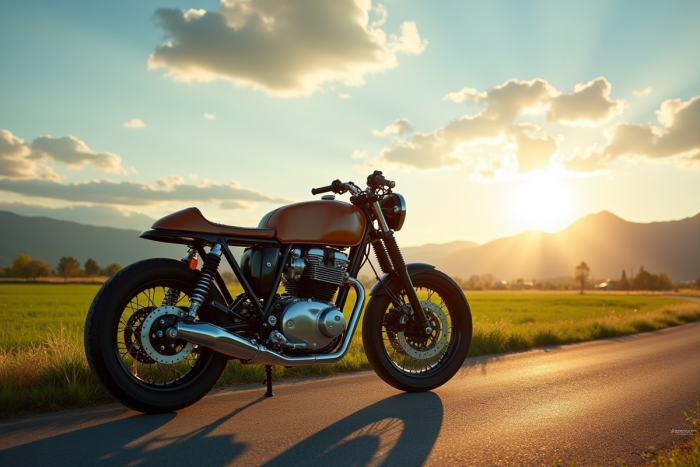 Moto vintage cafe racer sur route ensoleillee campagne