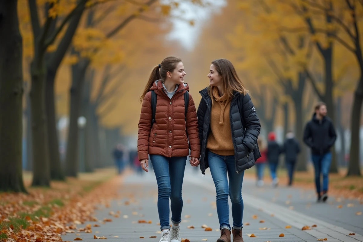 Mère et fille se promenant dans un parc en automne