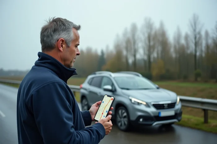 Homme consultant un calculateur d'itinéraire sur smartphone à côté de son SUV sur une route française