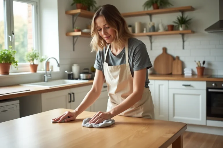 Femme appliquant un nettoyant pour bois sur une table en chêne massif dans une cuisine moderne