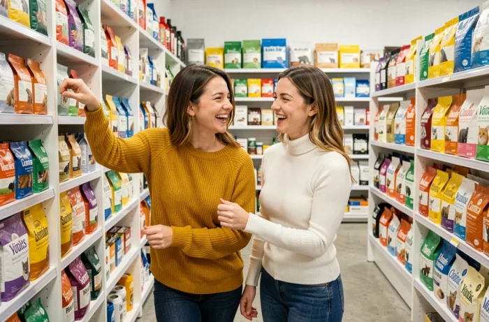 Deux femmes souriantes découvrant les nouveaux produits de soins animaux dans un magasin animalier bien organisé