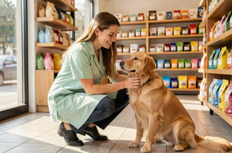 Femme vétérinaire en smock vert caressant un golden retriever dans une boutique animalière moderne remplie de produits tendance