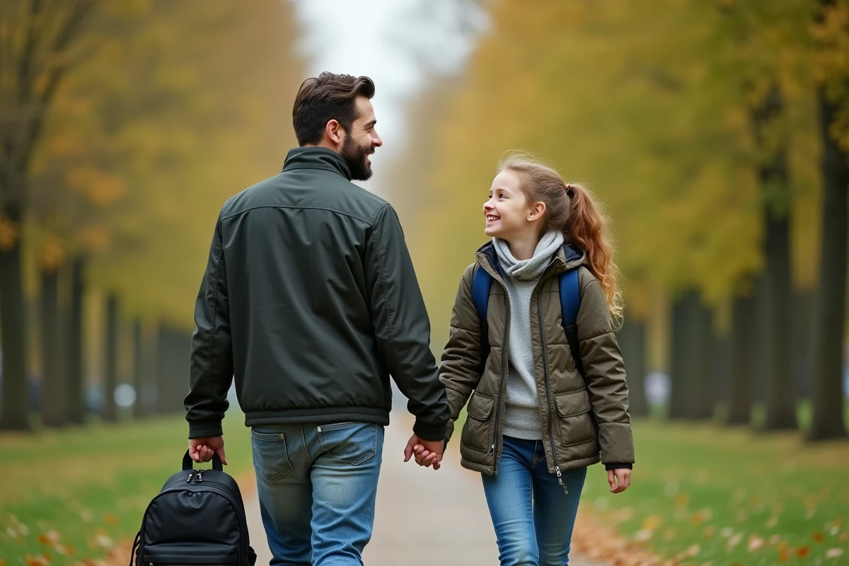 Père et fille se promenant dans un parc verdoyant