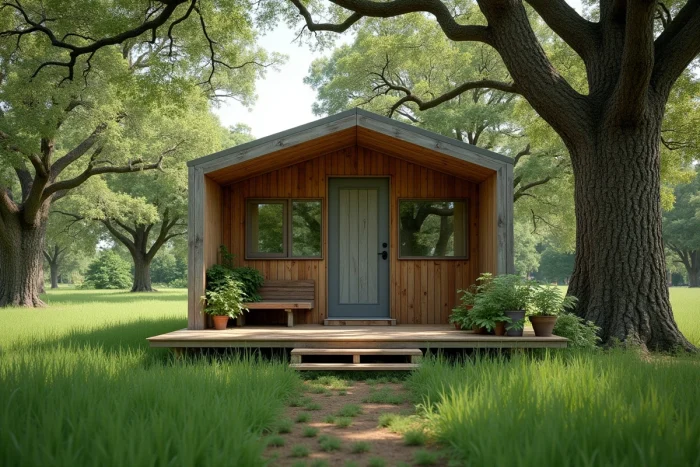 Petite maison écologique en bois avec terrasse couverte entourée d'arbres et de végétation naturelle