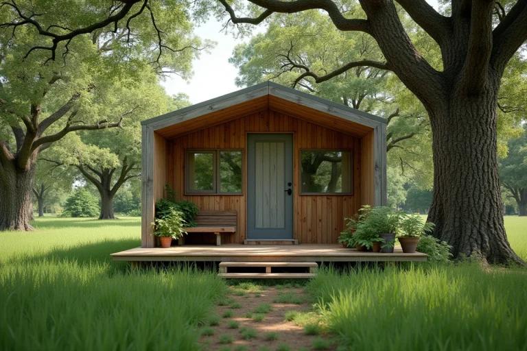 Petite maison écologique en bois avec terrasse couverte entourée d'arbres et de végétation naturelle