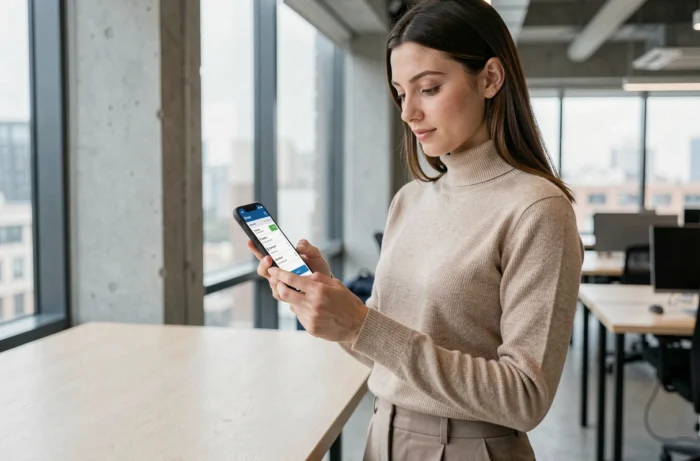 Jeune femme consultant le plan du site MTM France sur smartphone dans un espace de coworking