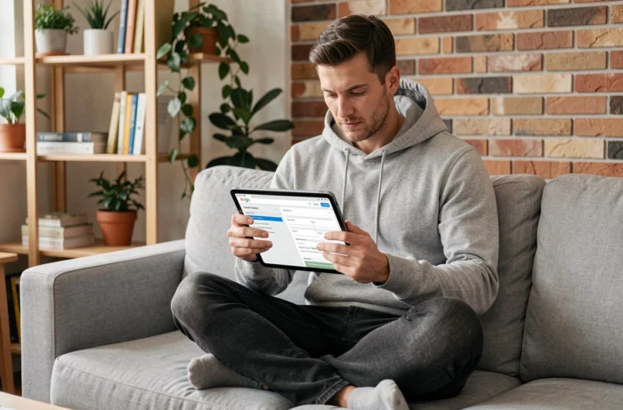 Homme consultant le plan du site MTM France sur une tablette depuis son domicile