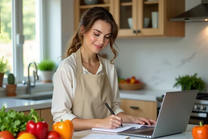 Femme planifiant ses menus de la semaine dans une cuisine moderne avec des légumes frais et une application de planification de repas