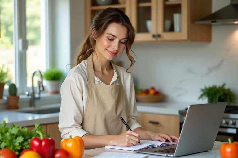 Femme planifiant ses menus de la semaine dans une cuisine moderne avec des légumes frais et une application de planification de repas