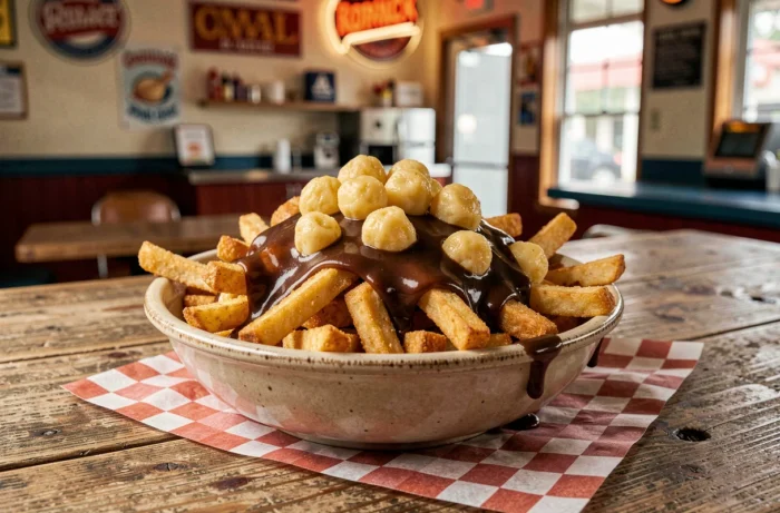 Bol de poutine québécoise traditionnelle avec frites croustillantes, fromage en grains et sauce brune dans un décor de casse-croûte rustique