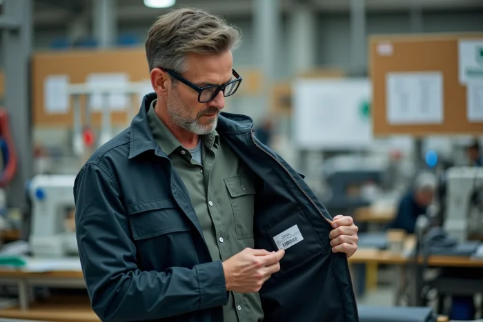 Responsable de production examinant une étiquette de vêtement durable dans une usine textile certifiée