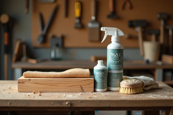 Produits nettoyants pour bois et accessoires d'entretien disposés sur un établi en bois dans un atelier