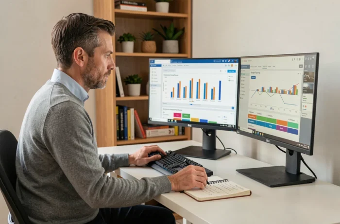 Professionnel du marketing digital travaillant sur un logiciel de média planning depuis son bureau à domicile
