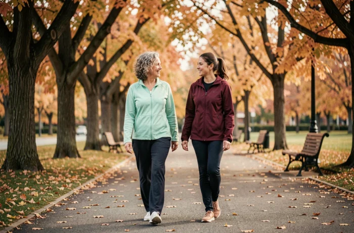 Une senior et son accompagnatrice se promenant en extérieur dans un parc, illustrant les services de maintien à domicile et de mobilité pour personnes âgées