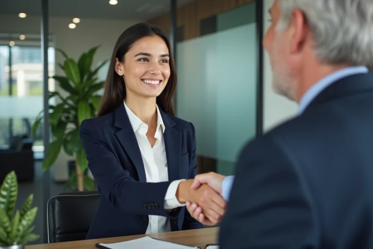 Femme daffaires serrant la main d un employeur dans un bureau professionnel