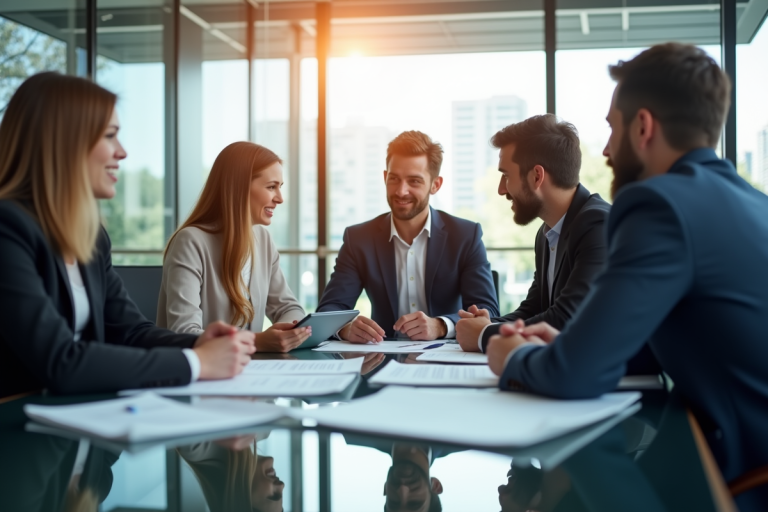 Réunion d'affaires moderne dans un bureau lumineux avec professionnels