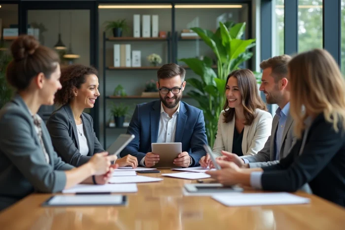 Groupe de professionnels en réunion de travail dans un bureau moderne