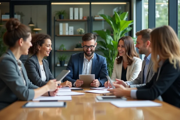 Groupe de professionnels en réunion de travail dans un bureau moderne