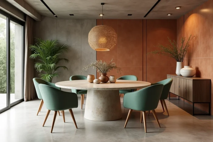 Salle à manger tendance 2024 avec table en travertin, chaises en velours sauge et carrelage zellige terracotta pour une décoration intérieure moderne