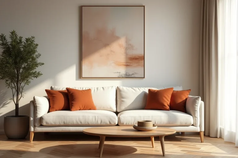 Salon moderne de style scandinave avec canapé bouclé crème, table basse en chêne courbé et mur en chaux texturé, tendances décoration intérieure 2024