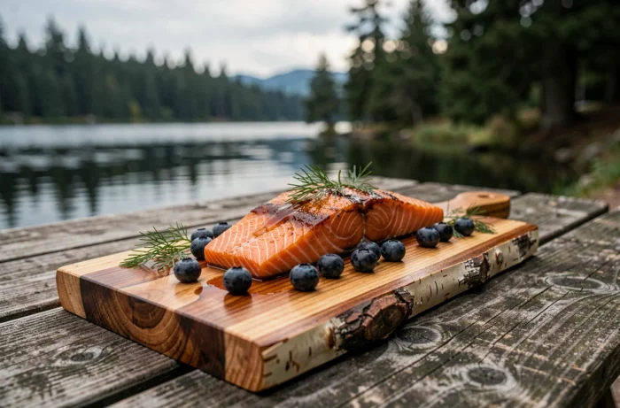 Saumon sockeye sur planche de cèdre avec glaçage à l'érable et myrtilles sauvages, servi en plein air au bord d'un lac canadien