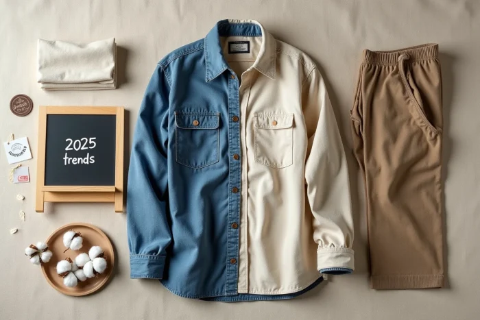 Sélection de vêtements éco-responsables posés à plat avec des labels de certification et tendances mode durable 2025