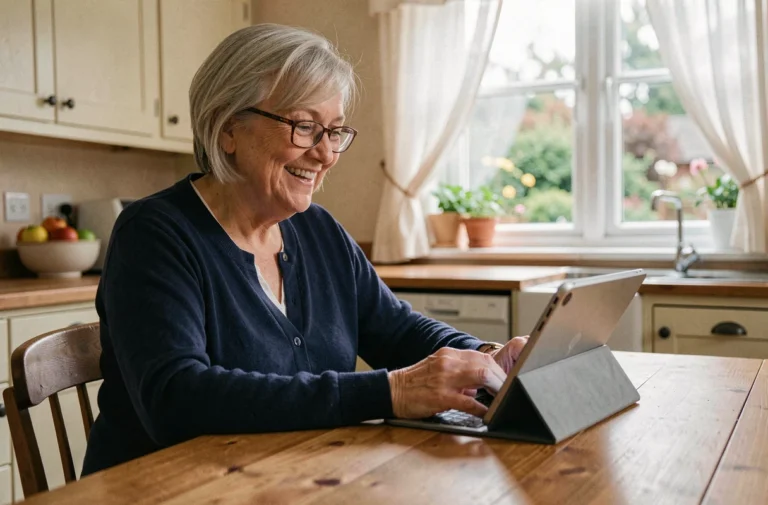 Une femme senior souriante utilisant une tablette pour rester connectée grâce aux services d'accompagnement à domicile pour personnes âgées