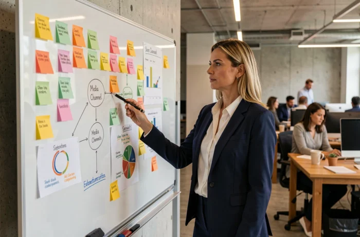 Stratège marketing féminine présentant un plan de média planning sur un tableau en verre dans une agence publicitaire moderne