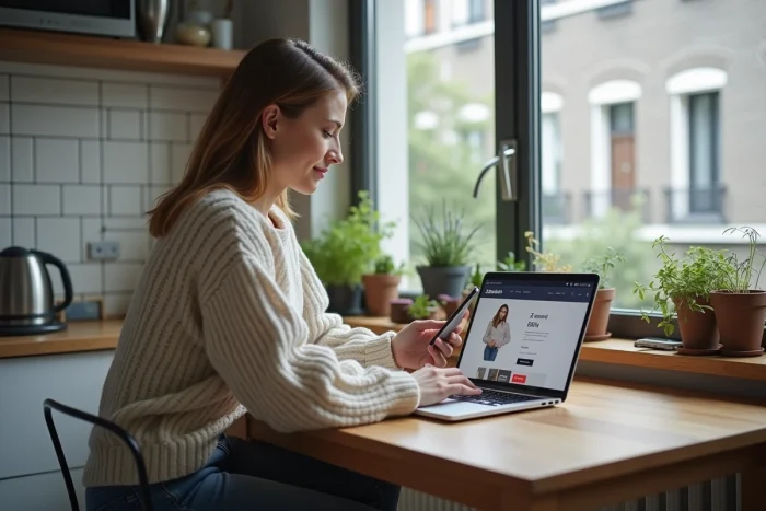 Femme consultant le suivi de livraison Zalando sur ordinateur portable et smartphone dans une cuisine belge