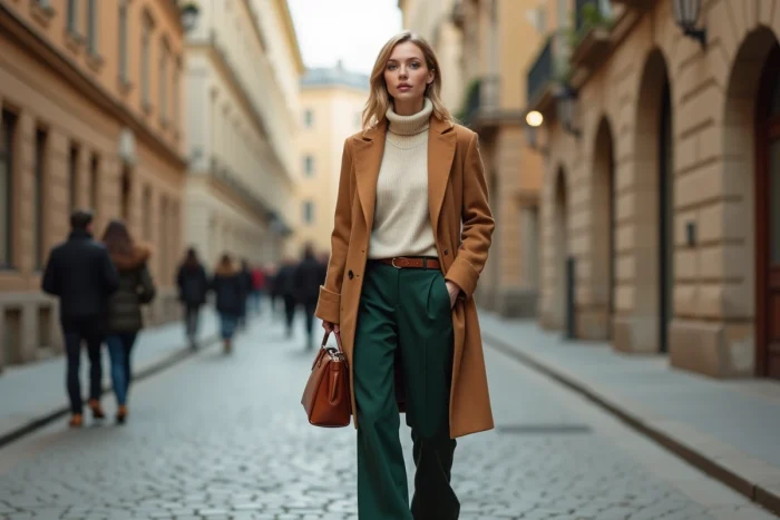 Femme élégante en manteau camel et pantalon vert tendance automne-hiver dans une rue pavée européenne