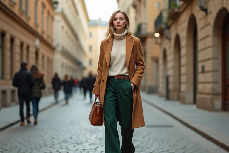 Femme élégante en manteau camel et pantalon vert tendance automne-hiver dans une rue pavée européenne
