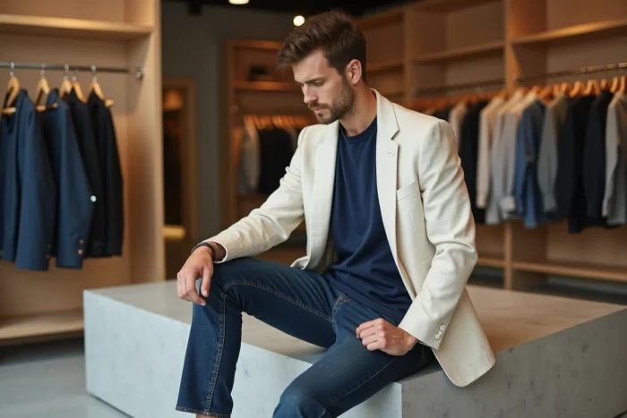 Homme tendance en blazer lin écru et jean indigo assis dans un concept store minimaliste moderne