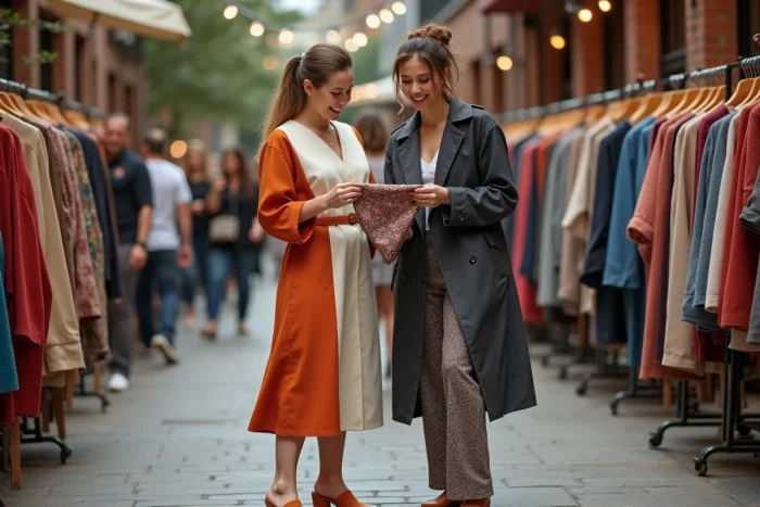 Deux femmes aux styles tendance contrastés découvrant des vêtements dans un marché de mode en plein air