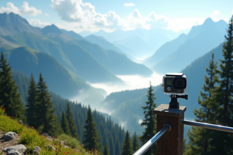 Vue d'une vallee alpine depuis un sommet avec webcam en premier plan