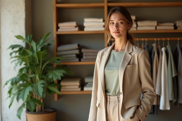 Femme portant des vêtements durables en coton biologique dans une boutique de mode éco-responsable en 2025
