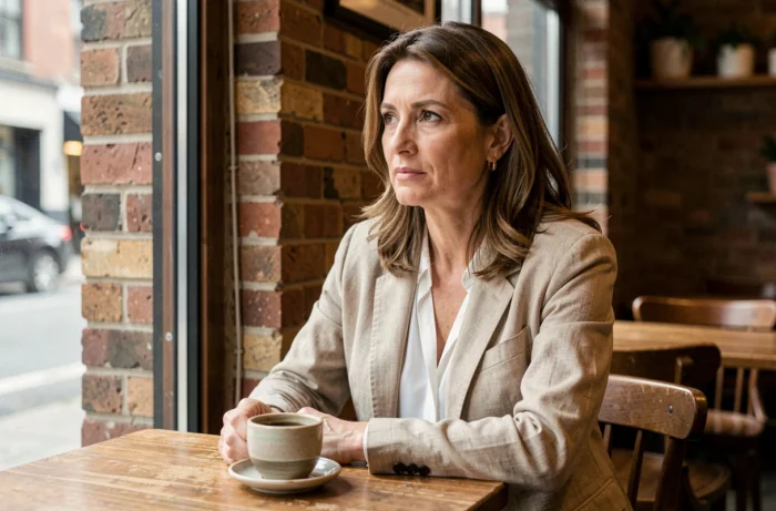 Femme discrète et élégante savourant un café seule dans un café intime, symbolisant la vie privée loin des feux de la rampe