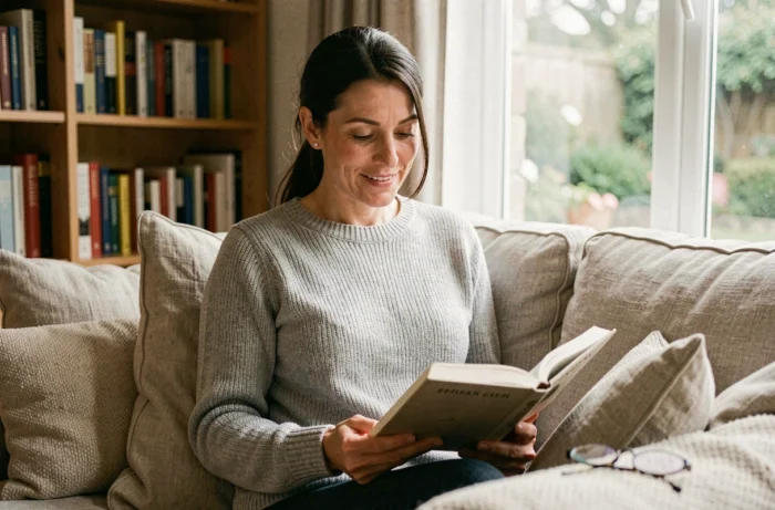 Femme épanouie lisant un livre dans son salon paisible, représentant l'équilibre entre vie privée et épanouissement personnel loin de la notoriété